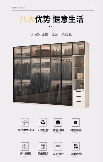 Wardrobe for home use, bedroom, solid wood small unit, rental room, installation free new 2023 popular light luxury storage ward