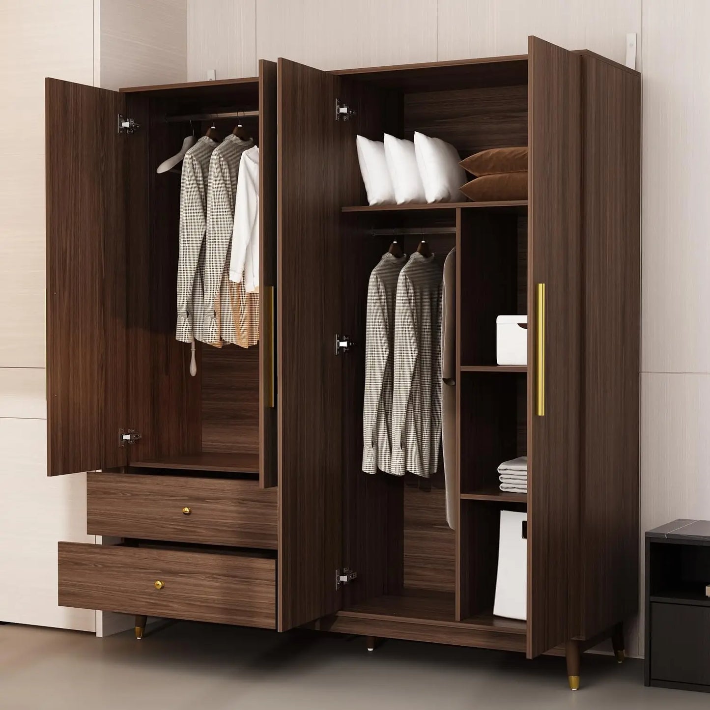 4 Door Wardrobe Armoire Closet with Mirror Door, Wooden Wardrobe Cabinet with 2 Drawers & Hanging Rod, Bedroom Armoire Dresser