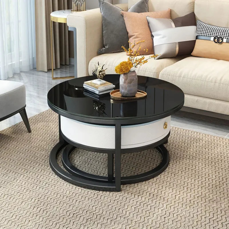 Nordic 2pcs Living Room White Coffee Tables Marble Texture Tea Table Furniture Round Durable Table Basse Muebles Tempered Glass