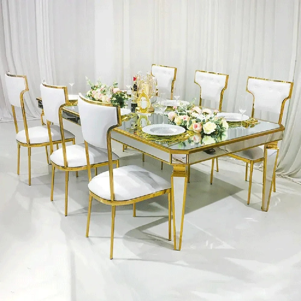 Wholesale luxury designs hotel banquet event wedding gold rectangle glass mirrored restaurant dinning dining table set