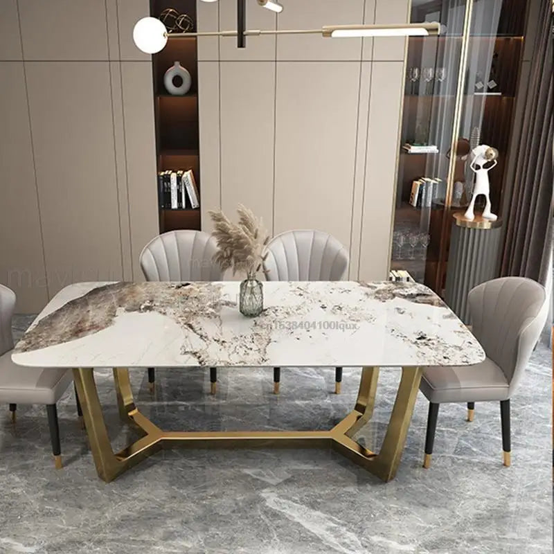 Italian Style Stainless Steel Marble Top Wedding Dinning Tables Sets Luxury Dining Chairs Rectangular Table For Small Apartment