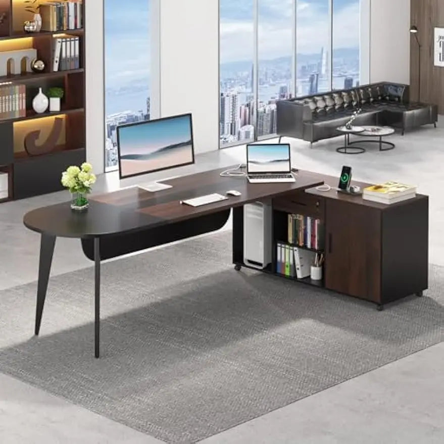 70.9'' Executive Desk with Power Outlet & Drawer Cabinet, Large L-Shaped Home Office w/ Storage Shelves, Modern Computer Desk