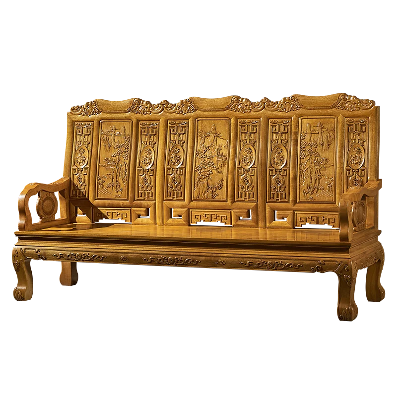 Sofa chair combination log coffee table solid wood carving flower antique living room Chinese classical mahogany home