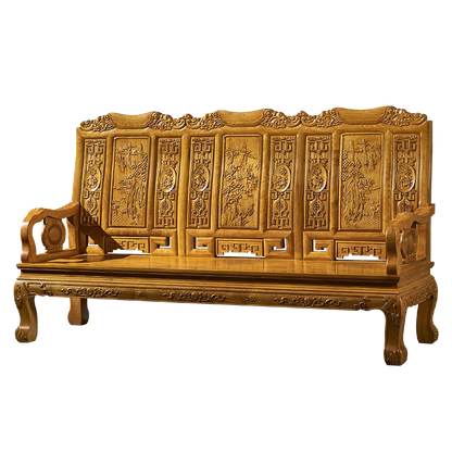 Sofa chair combination log coffee table solid wood carving flower antique living room Chinese classical mahogany home