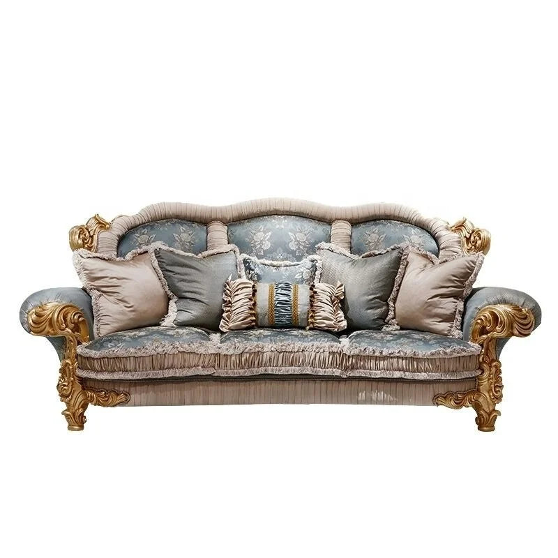 French Palace Style Gold Classic Royal Sofa Set Luxury Living Room Furniture Blue Embroidered Fabric Complete Set of Furniture