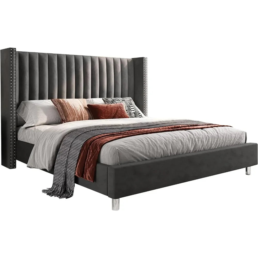 Bed Frame, Tufted Velvet with Vertical Channels, No Springs, Easy To Assemble, Grey, King Size Bed Frame