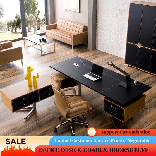 Modern Design Black Brown Orange Leather Wood Furniture Custom Office Executive Desktop Table Study Office Computer Table Desk