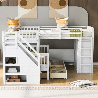 Twin-Twin over Full L-Shaped Bunk Bed With 3 Drawers, Portable Desk and Wardrobe, Maximized space, Health and Comfort