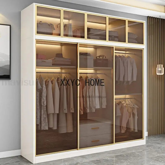 Italian Clothes Cabinet With LED Light And Storage Drawers Transparent Glass Sliding Door Bedroom Wardrobes Luxury Wood Closets