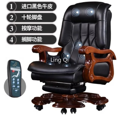 Genuine Leather Boss Office Chairs Reclining Massage Home Lifting Computer Chair Swivel Solid Wood Muebles Office Furniture