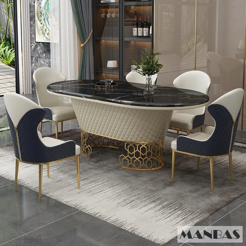 Luxury Dining Table Set with 6 Stainless Steel Leather Chairs and Oval Marble Table - Perfect for Kitchen and Dining Room Decor