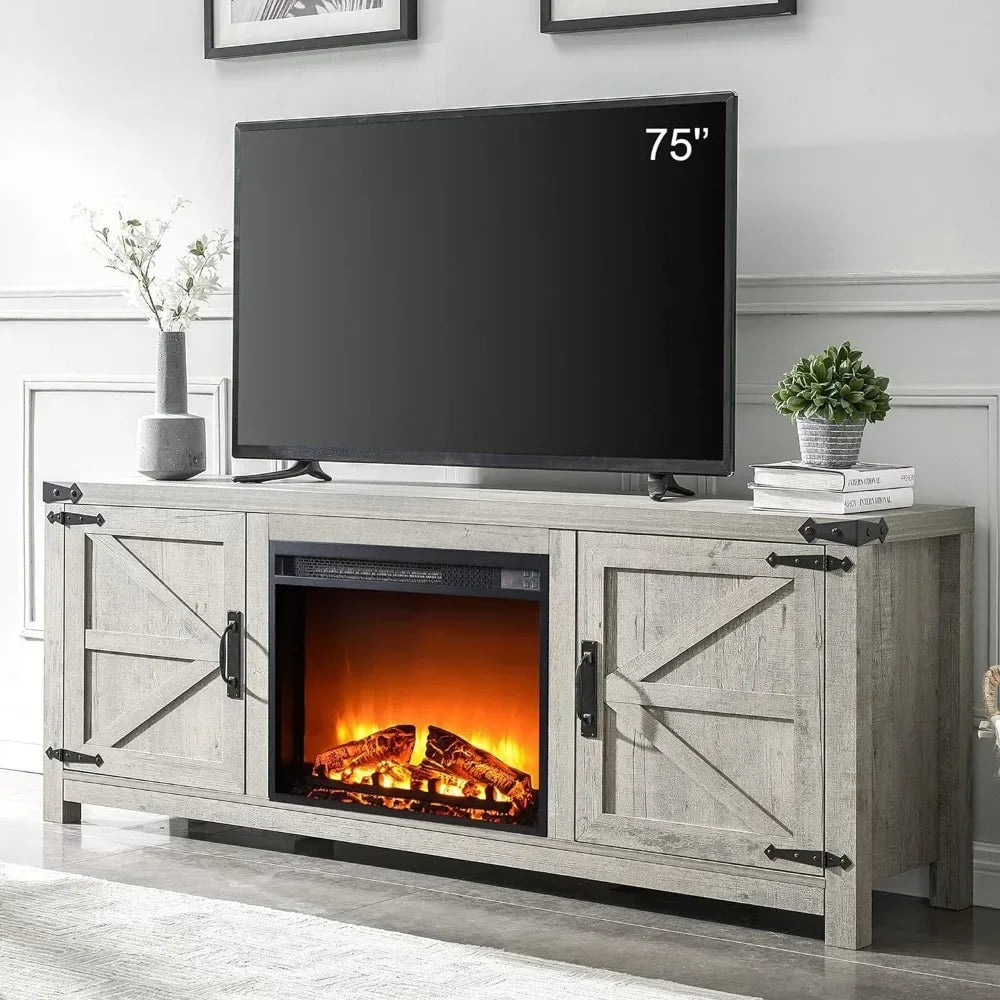 e TV Stand for 75 Inch TV, Farmhouse Barn Door Media Console, Entertainment Center with 23" Electric Fireplace Remote