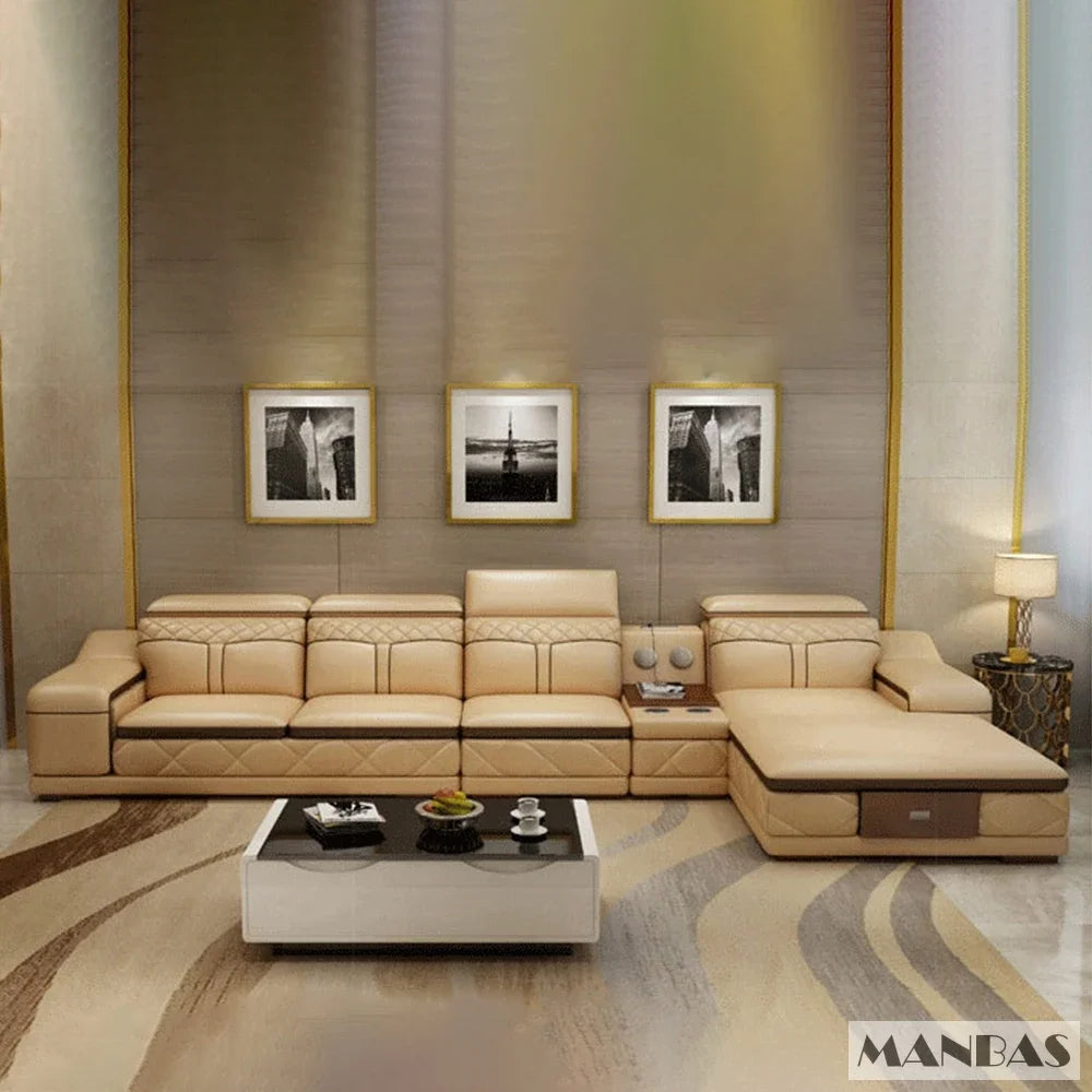 MANBAS Living Room Italian Leather Couches | Luxury L-Shaped Genuine Leather Sectional Sofa Sets with USB, Bluetooth Speaker