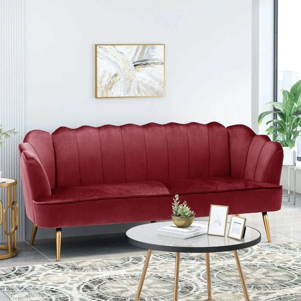 Christopher Knight Home Reitz Channel Stitch 3 Seater Shell Sofa - Velvet - Berry Red/Gold