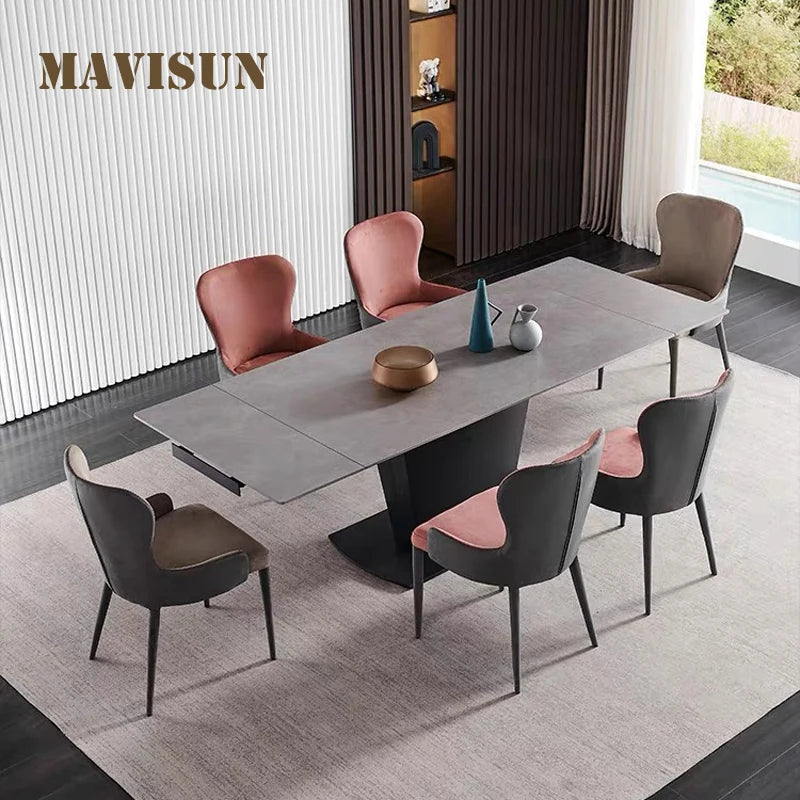 Modern Minimalist Glossy Rock Slab Kitchen Table Light Luxury Furniture Rectangular Extended Folding Dining Table And Chairs Set