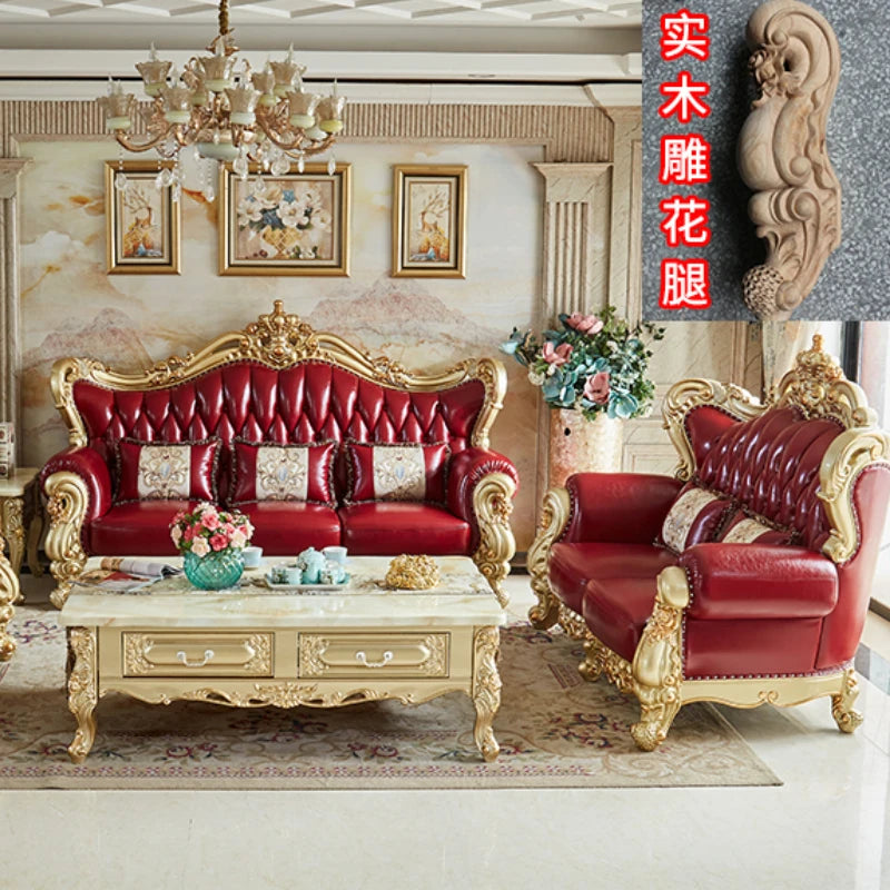 European Style Genuine Leather Sofa Combination Living Room Solid Wood Furniture Villa Luxury First Layer Cowhide Crown