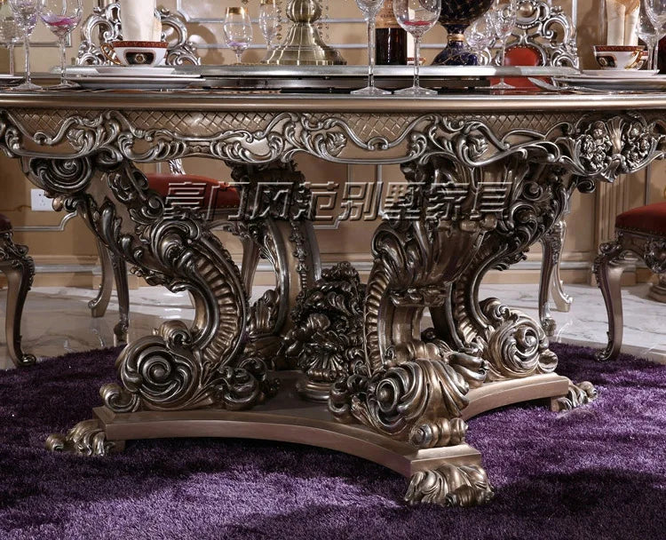 European villa dining tables and chairs with turntable full solid wood carving hand-painted luxury round table single dining tab