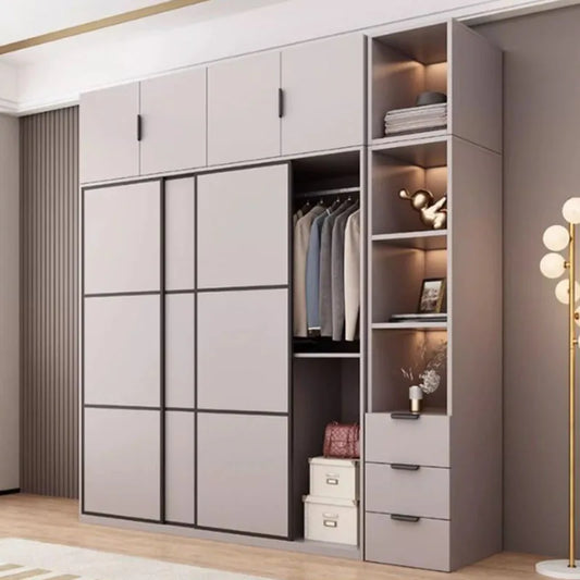 New Luxury Wardrobe Drawers Wooden Sliding Doors Gray Organization Wardrobe Modern Storage Kleiderschrank Bedroom Furniture