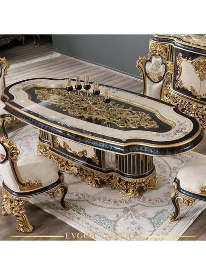 ~Custom-made French court solid wood dining tables and chairs oval wood carved gold foil craft luxury furniture