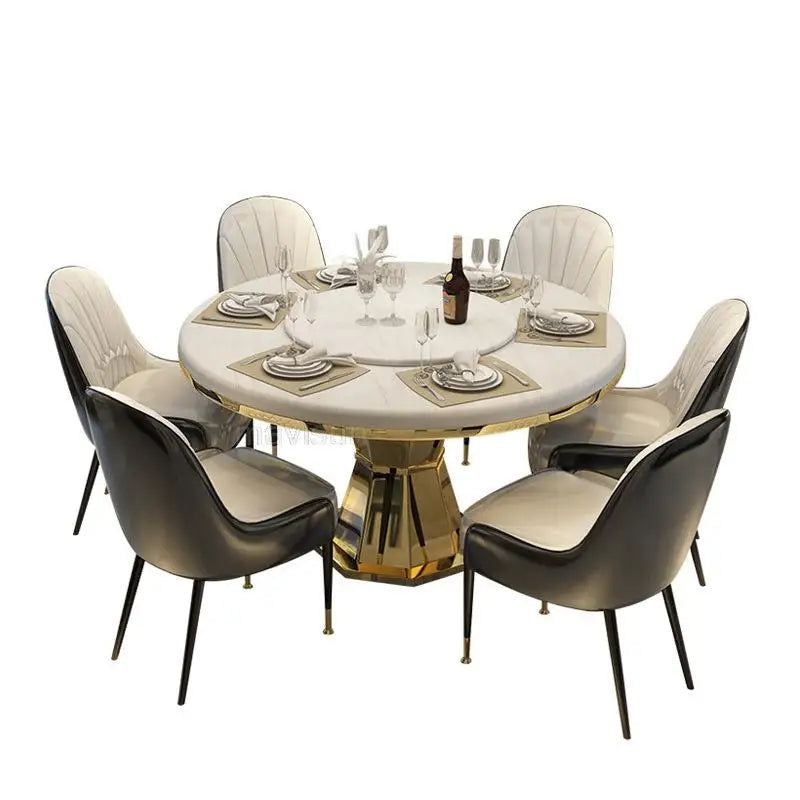 Luxury Natural Marble Round Dining Table Combination Portable Stainless Steel Furniture Set 6 Chairs Hallway Library Furniture