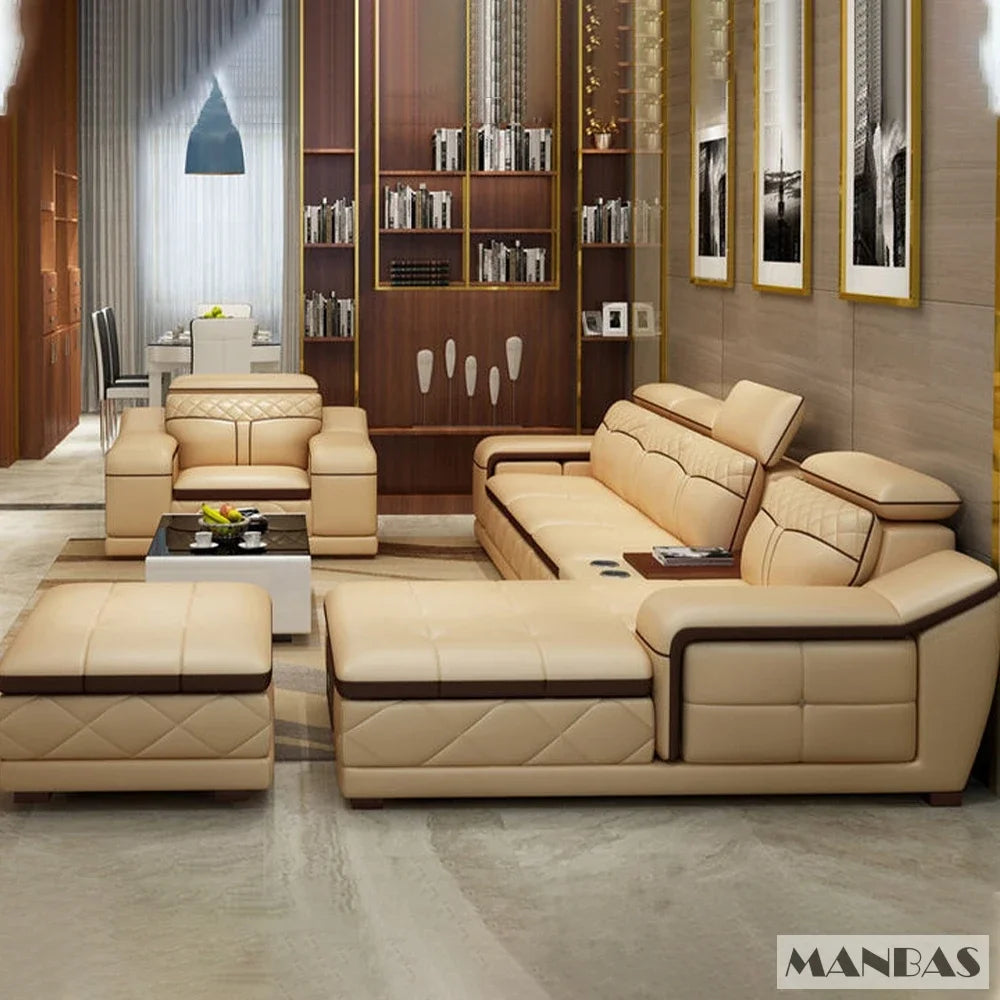 MANBAS Living Room Italian Leather Couches | Luxury L-Shaped Genuine Leather Sectional Sofa Sets with USB, Bluetooth Speaker