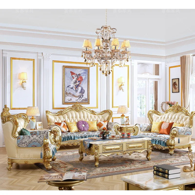 European Style Solid Wood Leather Sofa 123 Combination Living Room Luxury Size Household Champagne Gold Upscale Furniture Set