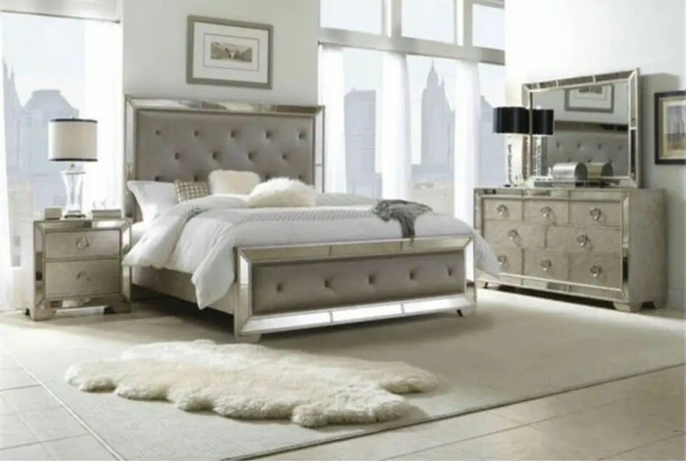 Modern Luxury Bedroom Furniture Queen/King Size Bed Sparkly Crushed Diamond Mirrored Bed Frame For Home Hotel