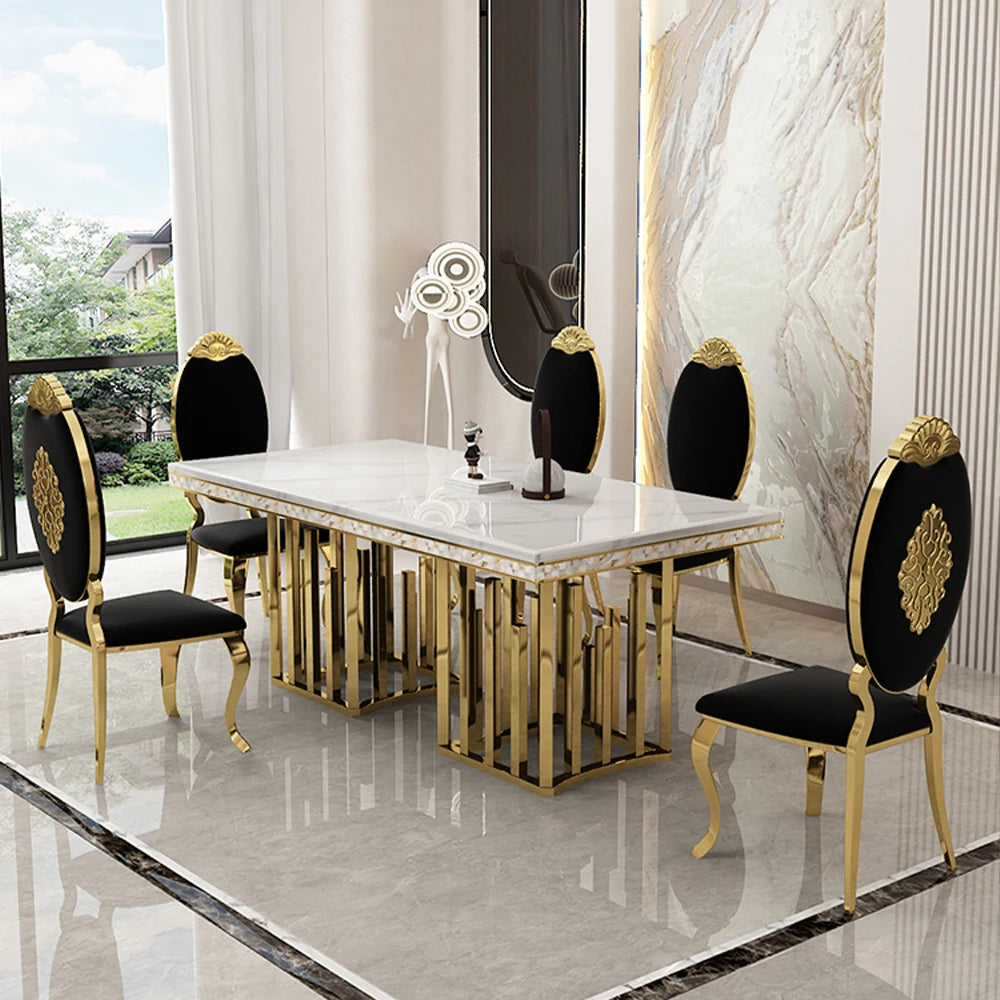 Luxury Dining Room Set: 8 MINGDIBAO Stainless Steel Genuine Leather Chairs, and Rectangle Table Made In Marble and Sea Shell