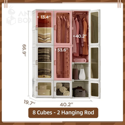 Portable Wardrobe Closet Storage Organizer for Clothes,Suitable for Living Room, Bedroom,Plastic Wardrobe with Magnetic Transpar