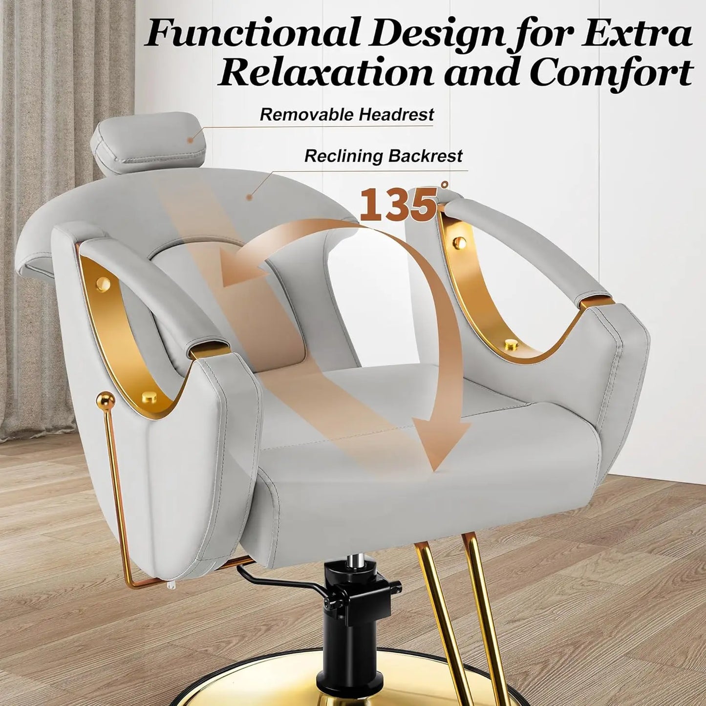 Barber Chair Reclining Hair Salon Chair, All Purpose Gold Salon Chair for Hair Stylist, 360 Degrees Rolling Swivel Stylin