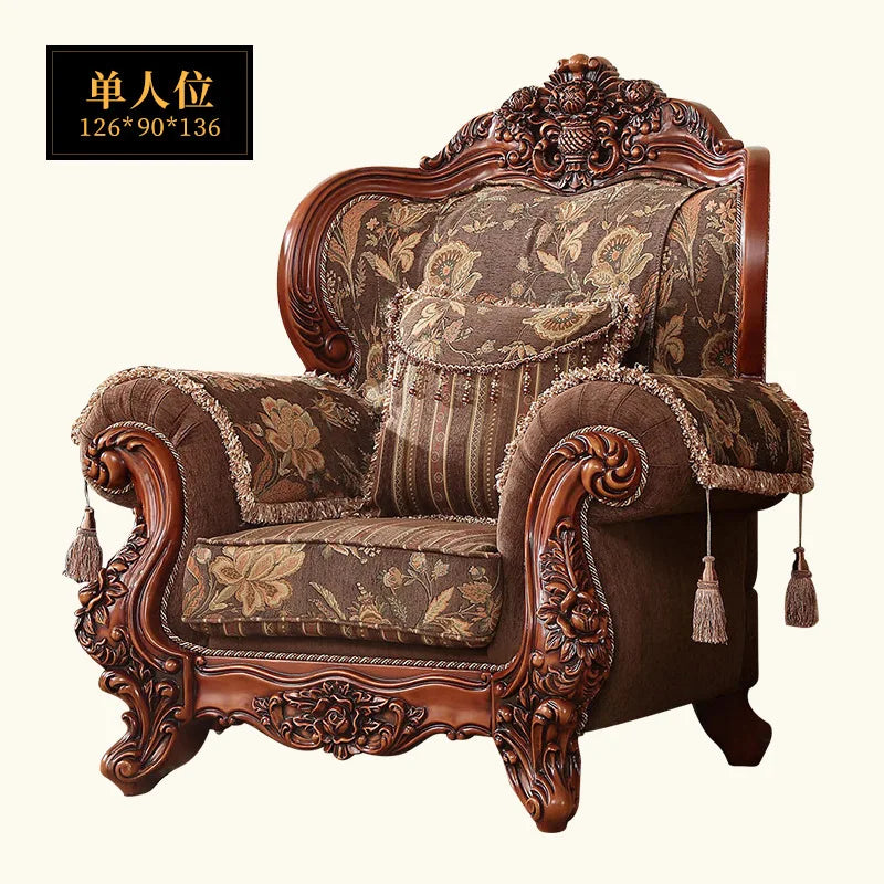 Living room furniture European style cloth art sofa style solid wood carved set luxury furniture