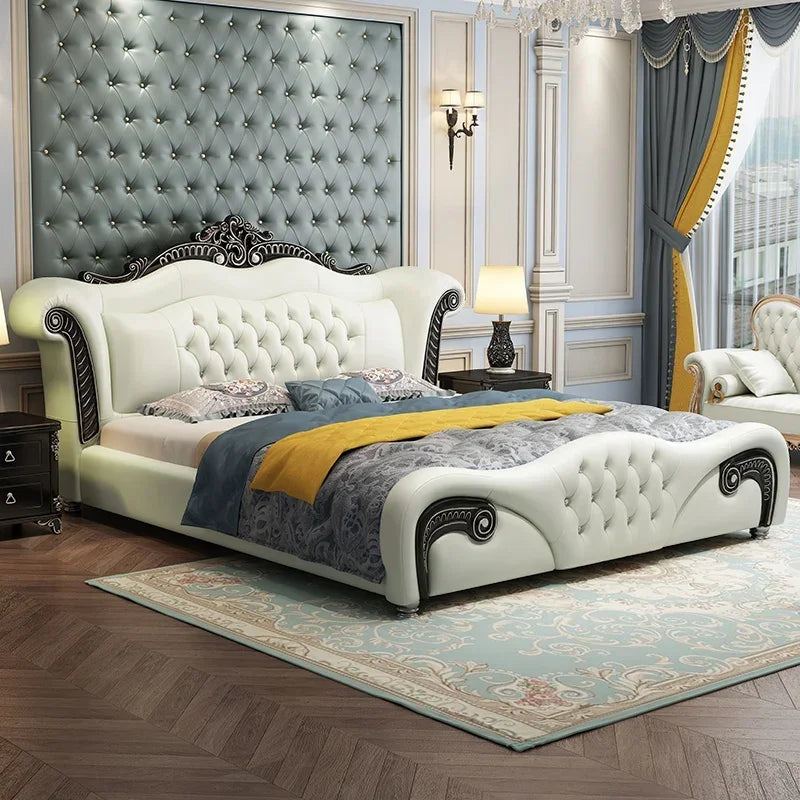 Storage Princess European Bed Double Hand Carved Bedroom Luxury Double Bed Modern Leather Cama Matrimonial Nordic Furniture