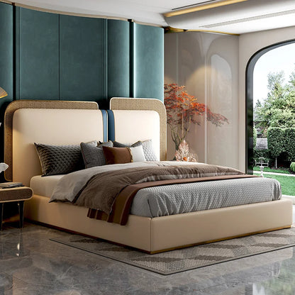 Light Luxury King/Queen Bed Modern Leather Bed and Bedside Table for Bedroom Cream Color