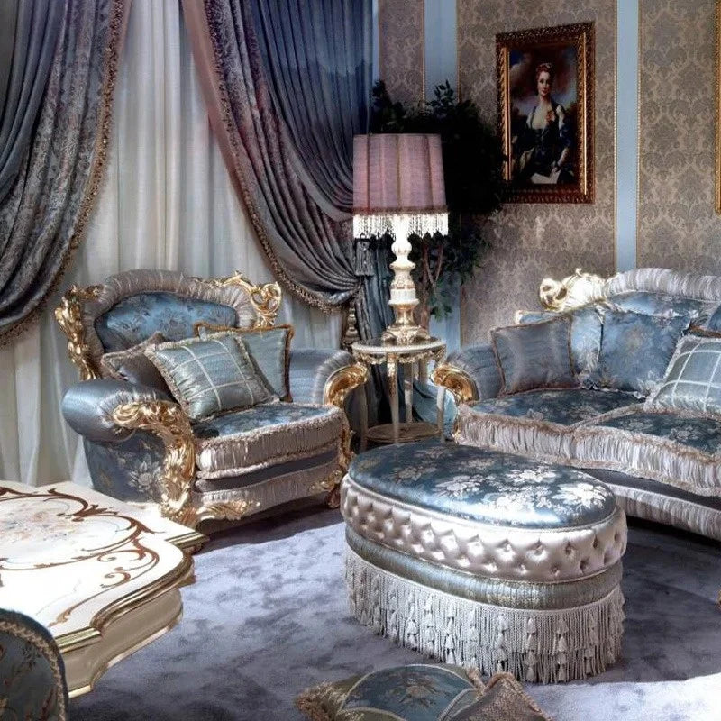 French Palace Style Gold Classic Royal Sofa Set Luxury Living Room Furniture Blue Embroidered Fabric Complete Set of Furniture