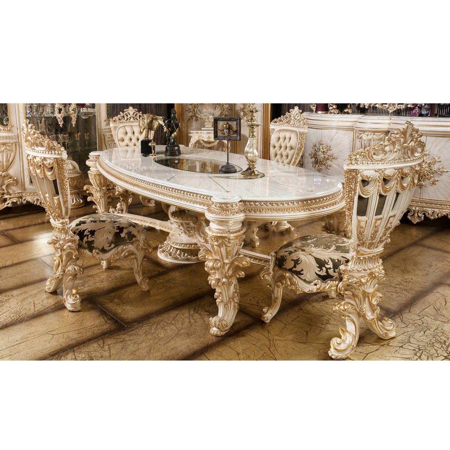 European Solid Wood 6 Seater Dining Table Set Hand Carved Dining Room Furniture American Hand Carved