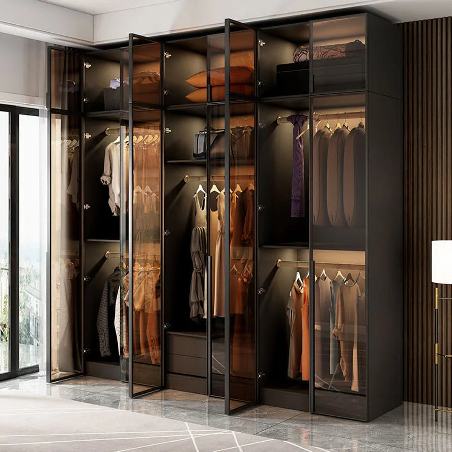 Glass Doors Wardrobes Luxury Household Inside Lights Black Night Sensor Light Novelty Closet Vent Garderobe Bedroom Furniture