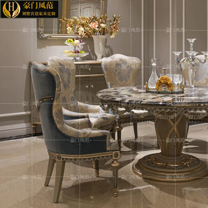 French luxury round table European-style full solid wood marble round table high-end villa one table and six chairs