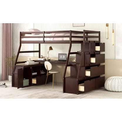 Espresso Twin Size Loft Bed with with 7 Drawers 2 Shelves and Desk Easy to assemble for indoor bedroom furniture