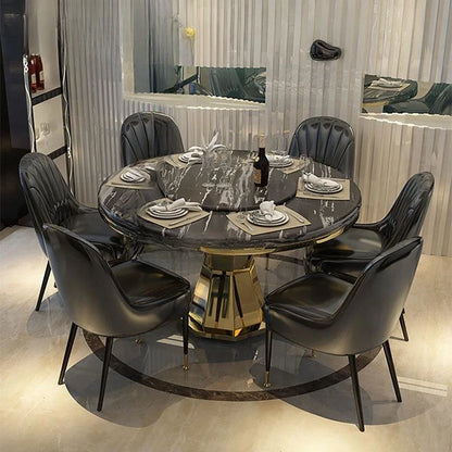 Luxury Natural Marble Round Dining Table Combination Portable Stainless Steel Furniture Set 6 Chairs Hallway Library Furniture