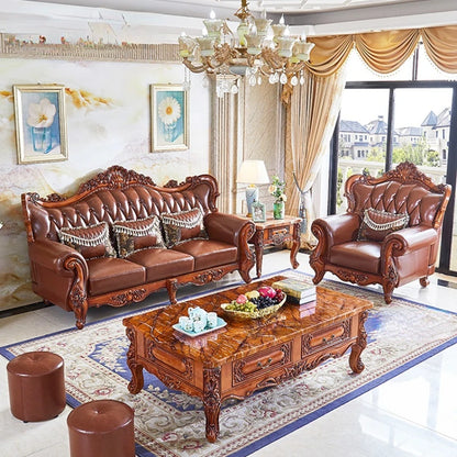 European Luxury Genuine Leather Living Room Sofa Set with Solid Wood Carvings Villa 123 Combination Furniture Top Grain Cowhide