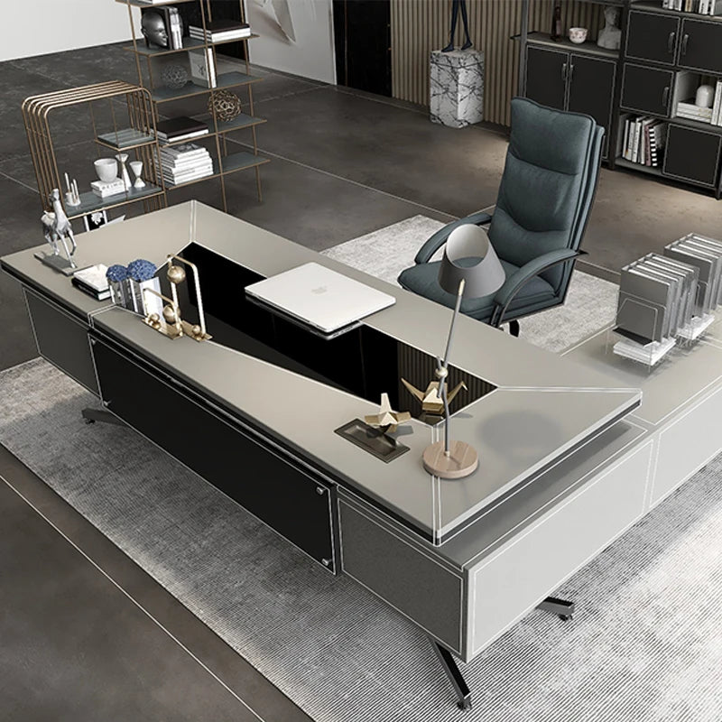 Leather decoration desk advanced gray modern office furniture table and chair combination leather decoration executive desk