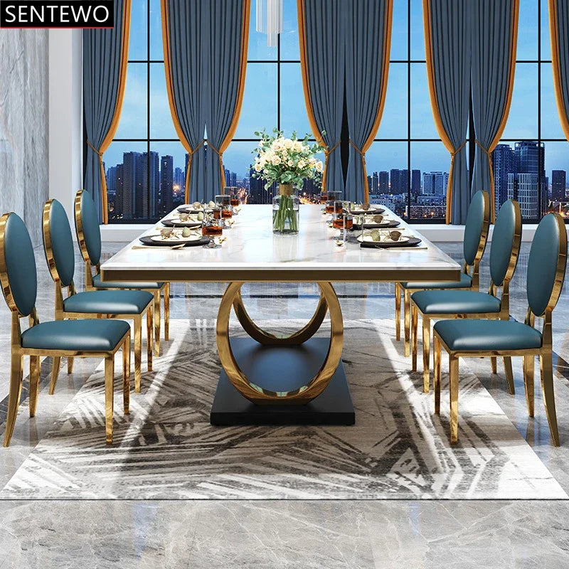 SENTEWO Luxury Marble Dining Table and 8 Dinning Chairs Stainless Steel Golden Leg Frame Dinner Table Chair Set Haute De Cuisine