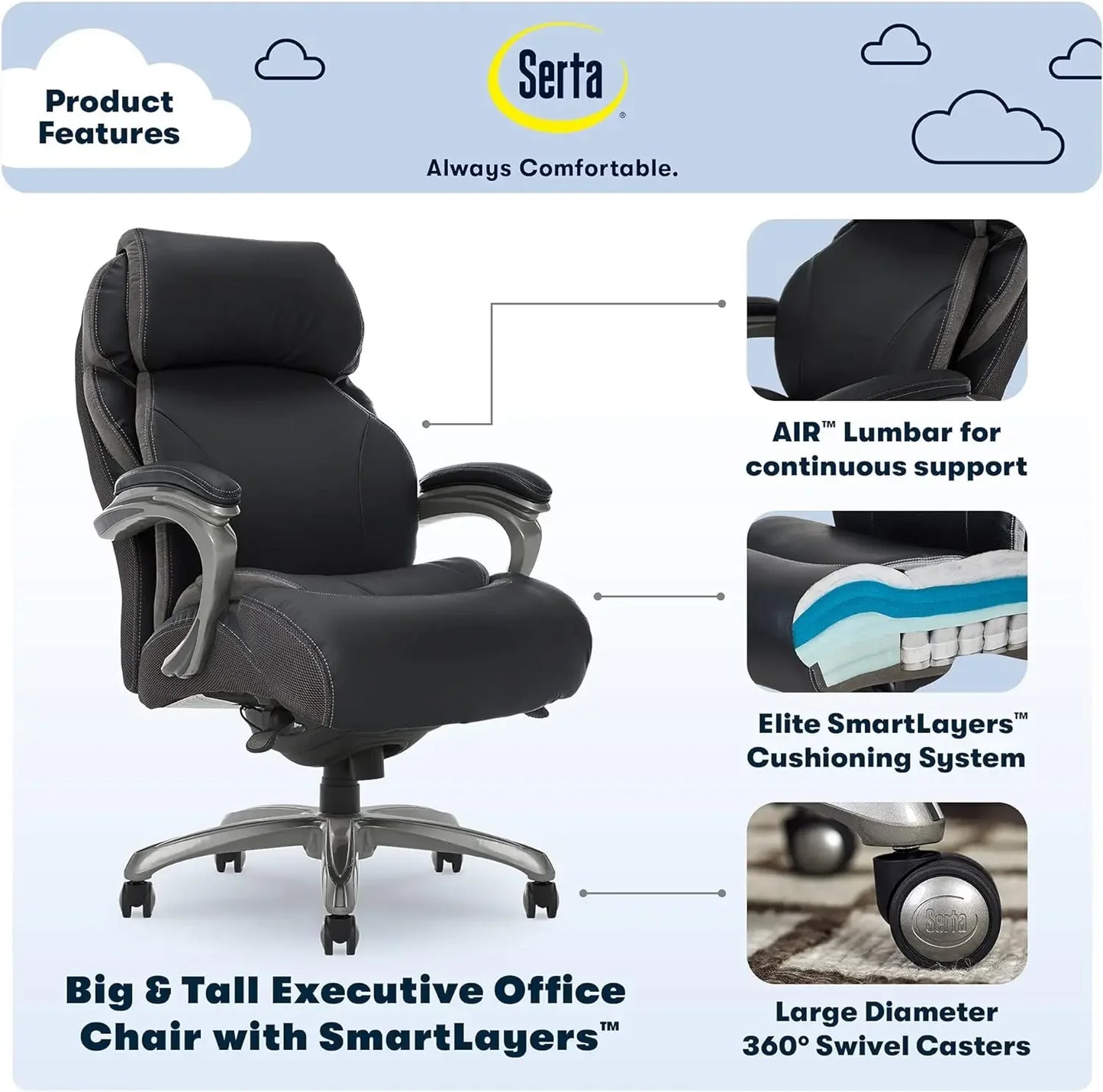 Big and Tall Executive Office Chair AIR Technology and Smart Layers Premium Elite Foam Supports up to 350 Pounds Bonded Leather