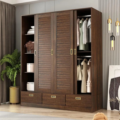 Large Wardrobe Armoire w/4 Sliding Doors,Hanging Rods & Storage Shelves,Wooden Closet w/Silver Handles for Bedroom,Brown/White