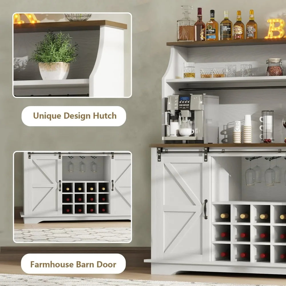 55" Farmhouse Coffee Bar with 3-Tier Storage, Kitchen Hutch Storage Cabinet with 6 Hooks, Wine Bar Cabinet with 12 Wine Racks