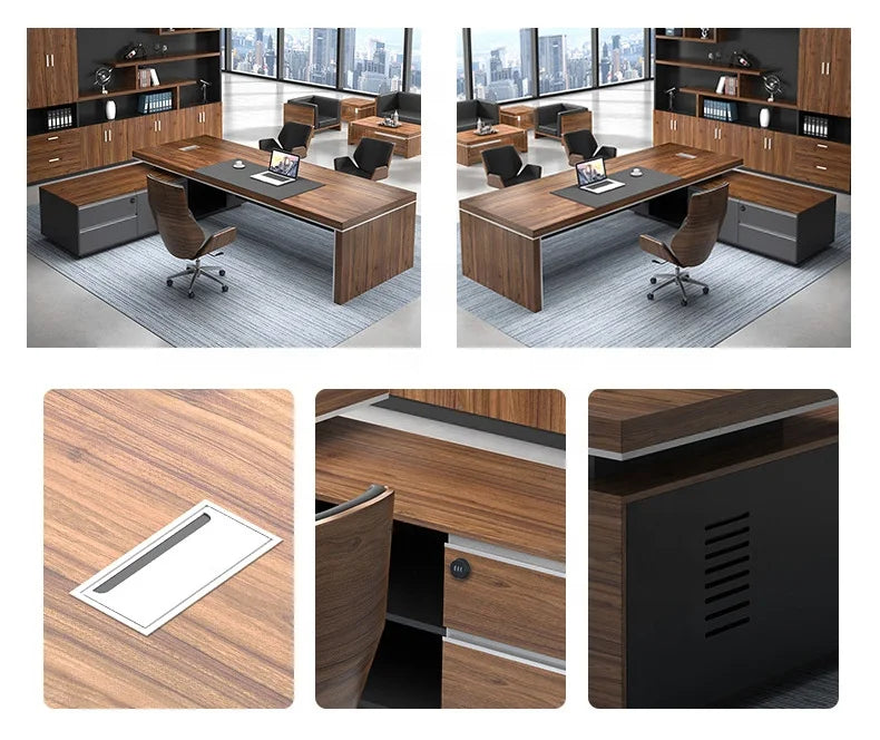 Classic office desks executive office desk boss table with side cabinet and bookcase wholesale