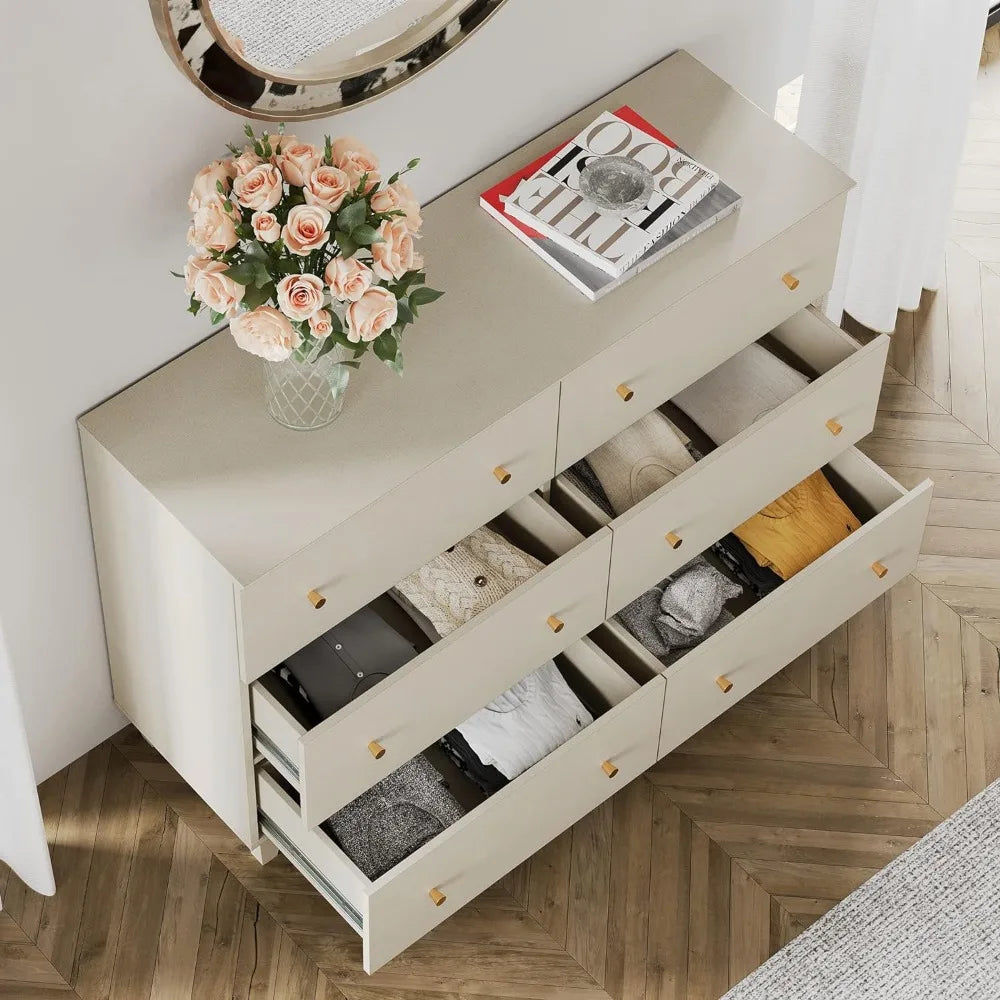 Set of 2 Bedroom Dressers with 12 Drawers, 2-in-1 Wide Chest of Drawers, Modern Storage Organizer with Solid Wood Legs, Beige