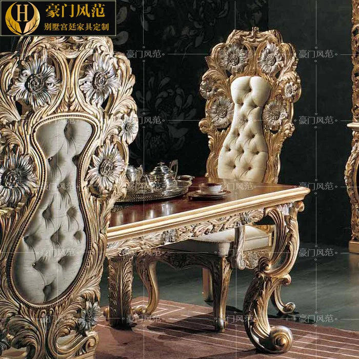 French log carving table and chair combination European court luxury gold foil rectangular table high-end furniture