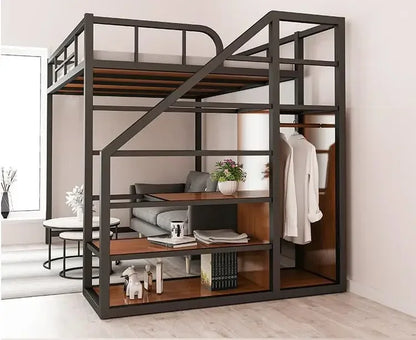 Iron work elevated bed under the empty single upper layer double layer small family space saving attic bunk apartment high and l