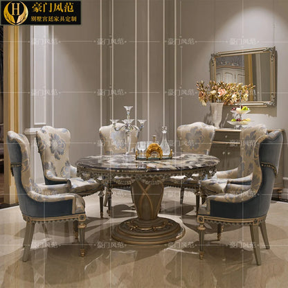 French luxury round table European-style full solid wood marble round table high-end villa one table and six chairs